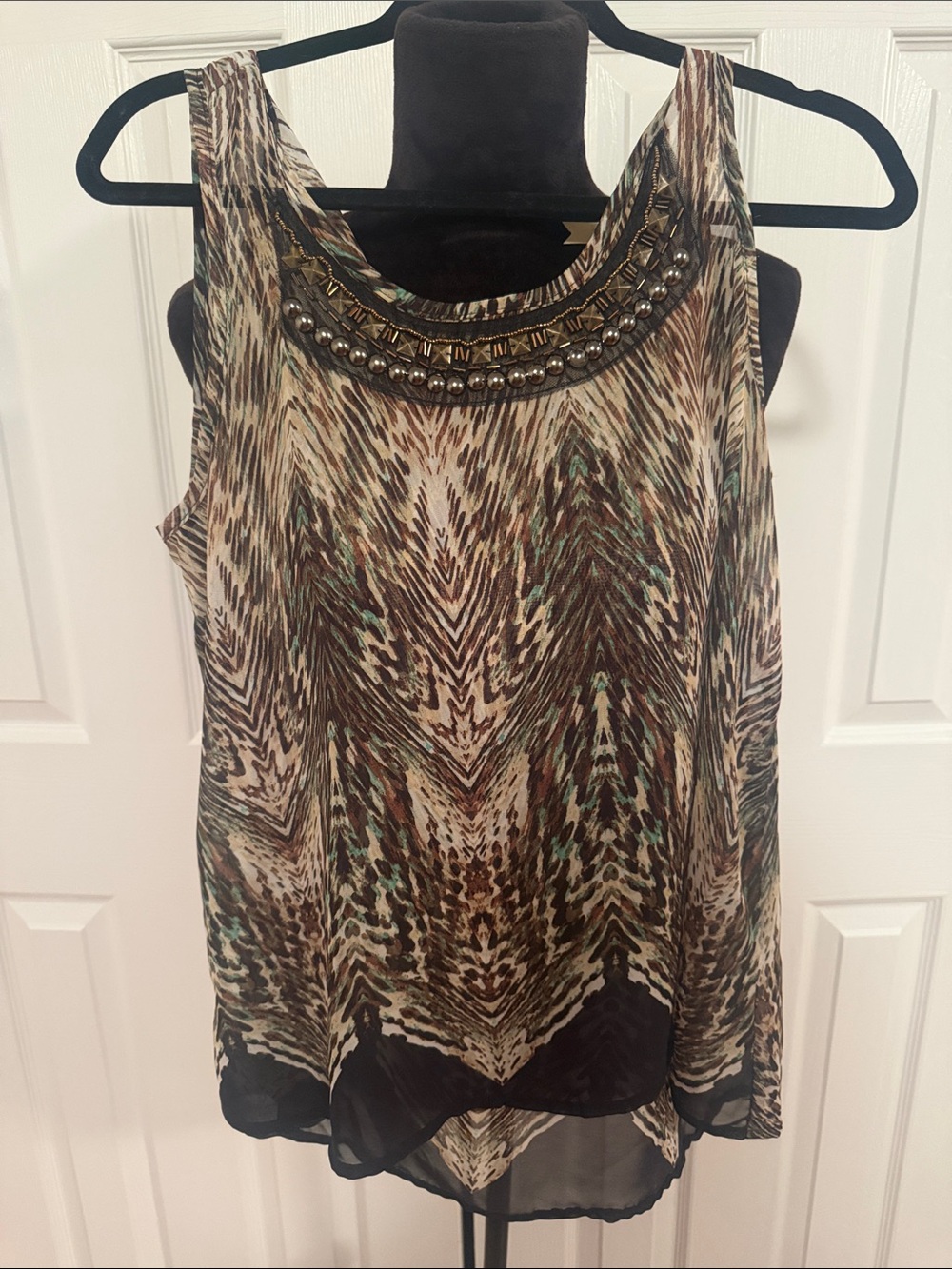 Chenault Beaded Scoop Neck Printed Sleeveless Blouse - Brown/Green/Cream